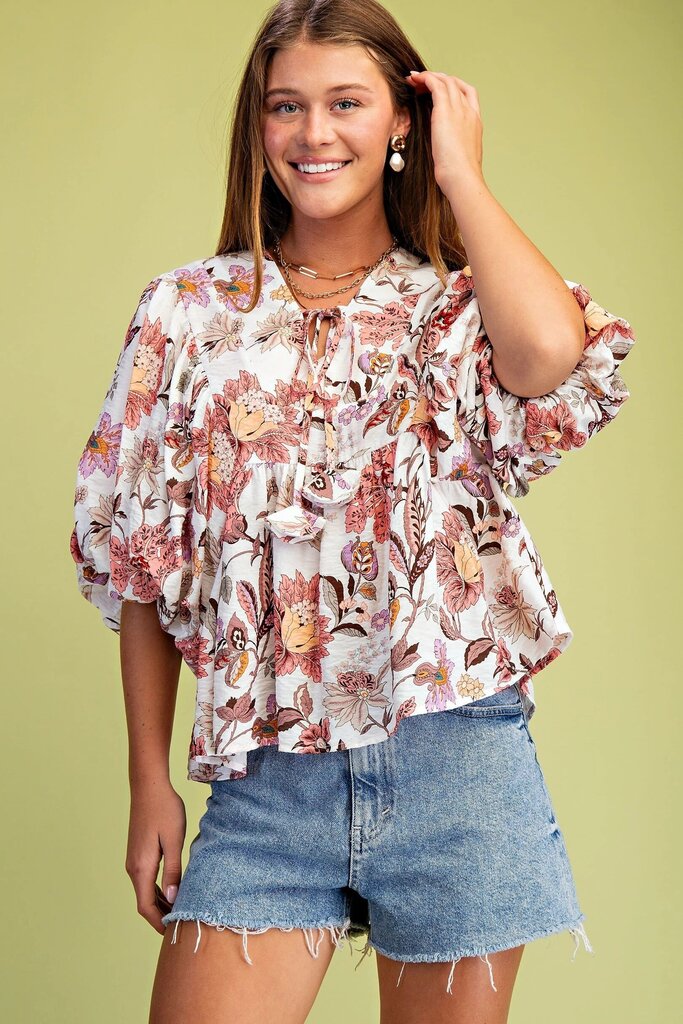 GIGIO White and Mauve Mix Floral Puffed Short Sleeves Top