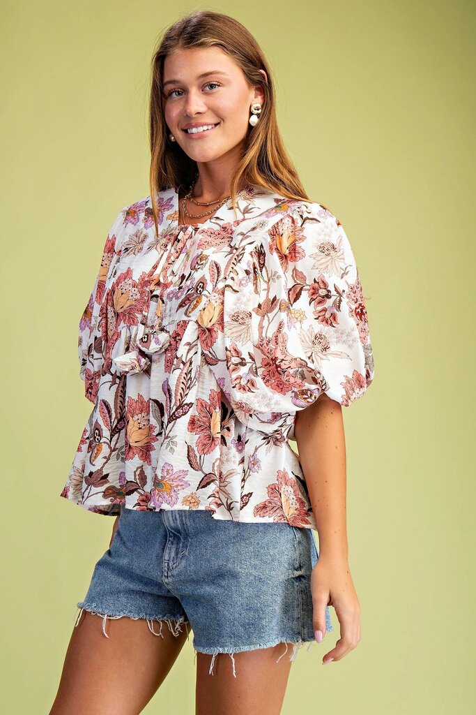 GIGIO White and Mauve Mix Floral Puffed Short Sleeves Top
