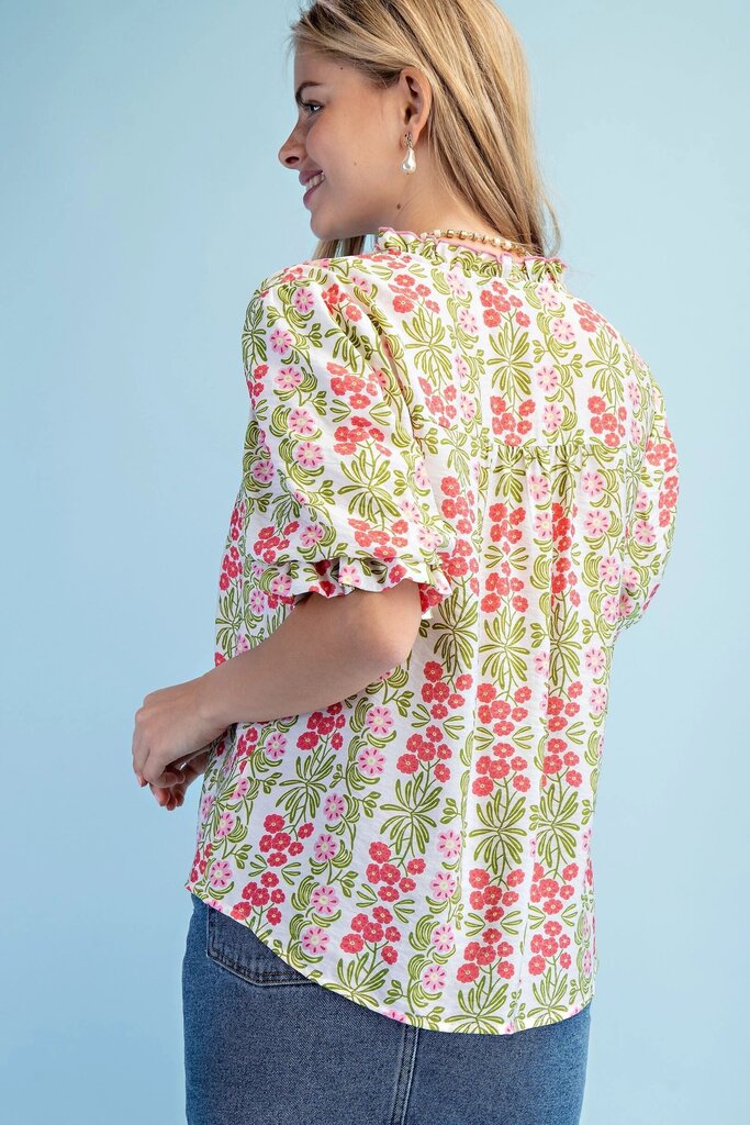 GIGIO Cream with Green and Pink Floral Short Sleeve Top