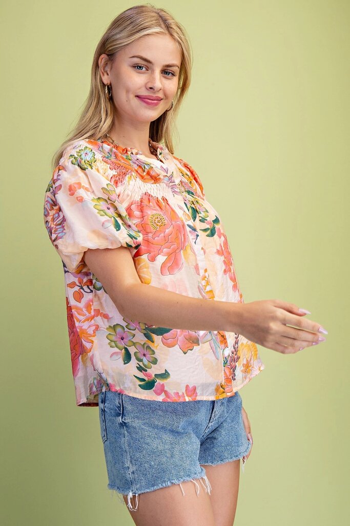 GIGIO Peach & Multi Floral Puff Short Sleeves Top