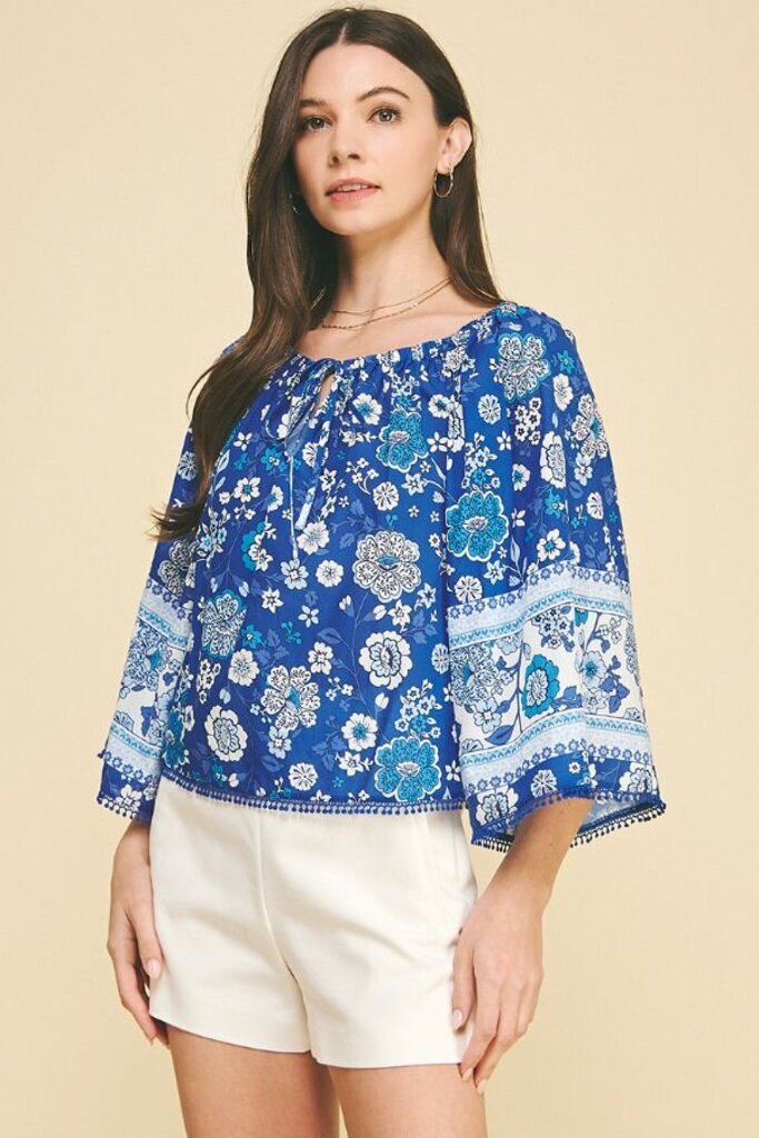 PINCH White and Blue Floral Wide Sleeve Cotton Top