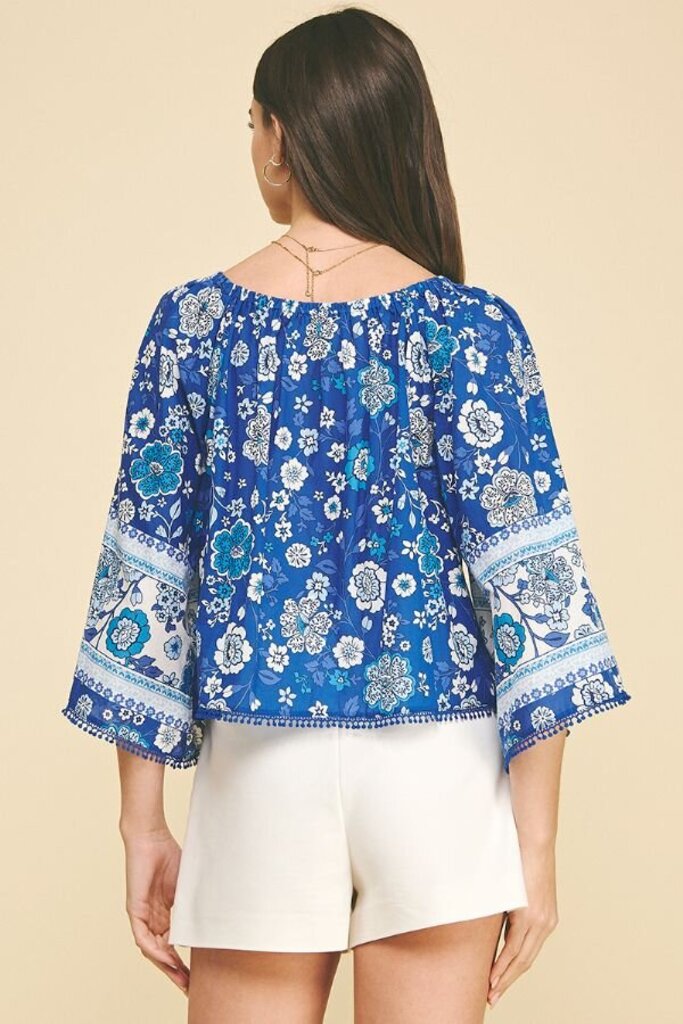 PINCH White and Blue Floral Wide Sleeve Cotton Top