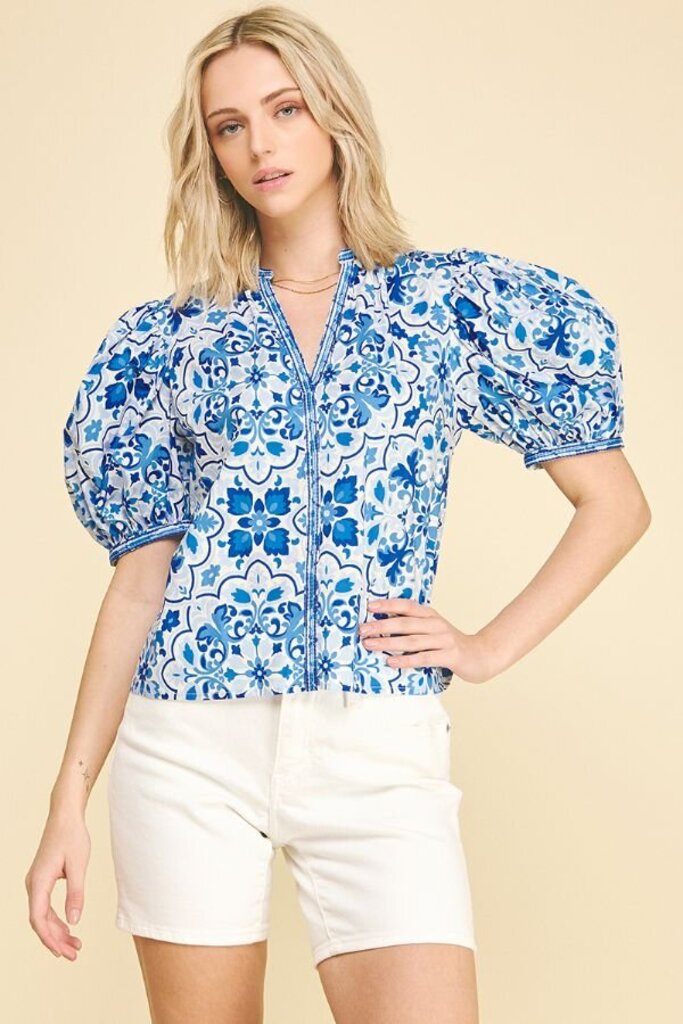 PINCH White and Blue Paisley Puff Short Sleeve Top