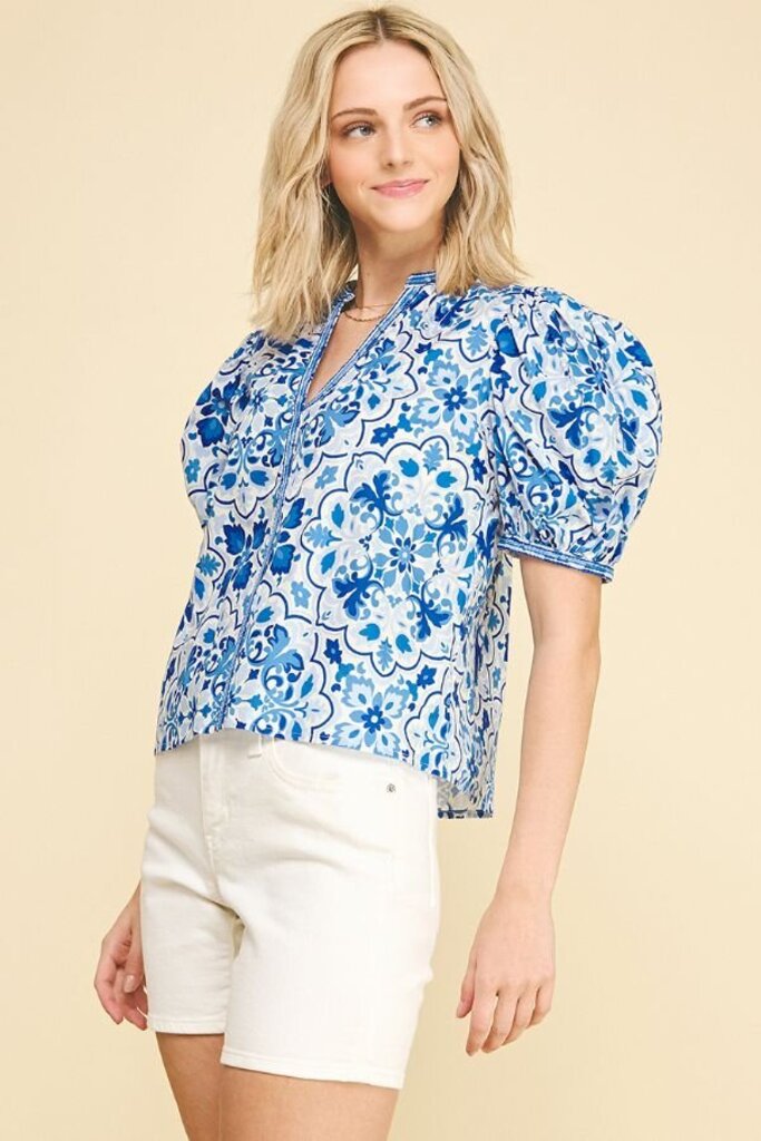 PINCH White and Blue Paisley Puff Short Sleeve Top