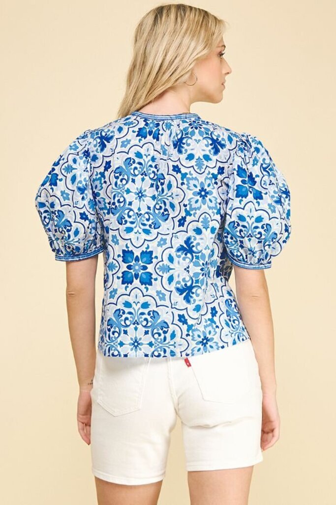 PINCH White and Blue Paisley Puff Short Sleeve Top