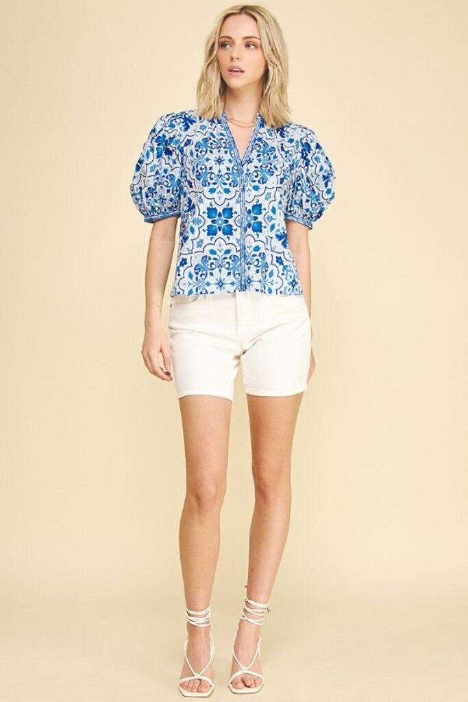 PINCH White and Blue Paisley Puff Short Sleeve Top