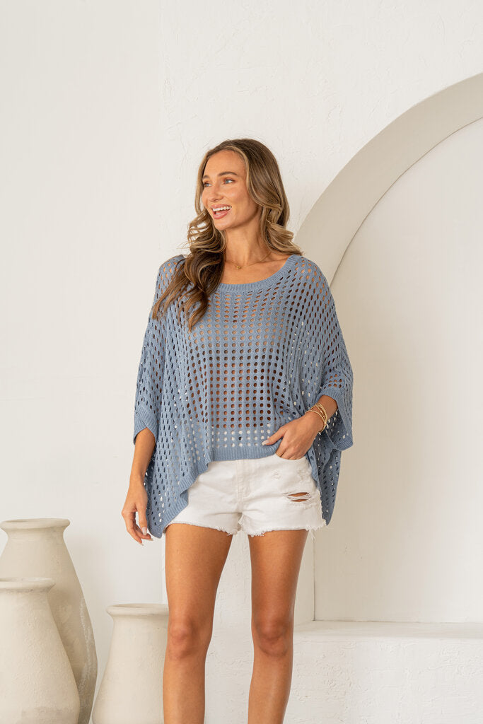 SEW IN LOVE Denim Blue Open-Knit Batwing Sleeve Top