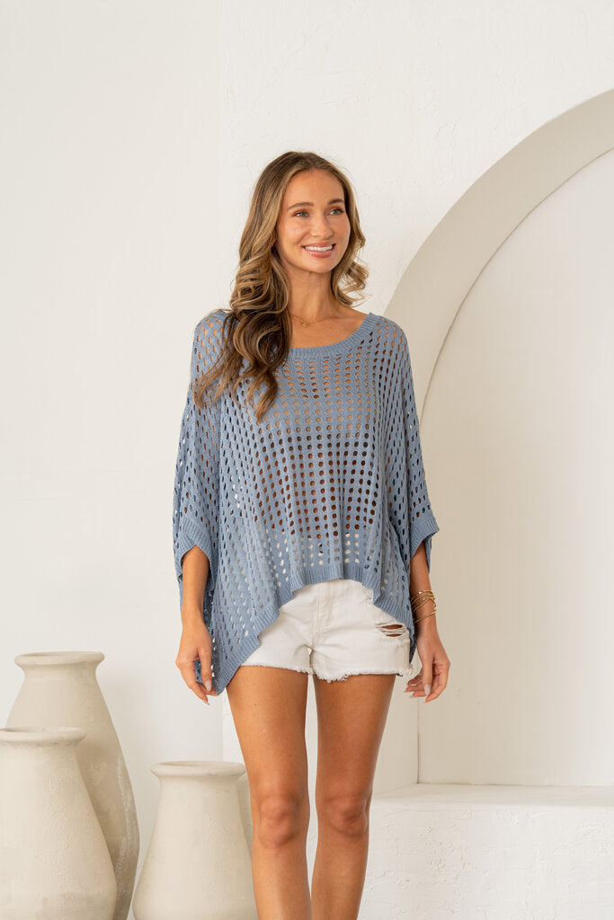 SEW IN LOVE Denim Blue Open-Knit Batwing Sleeve Top