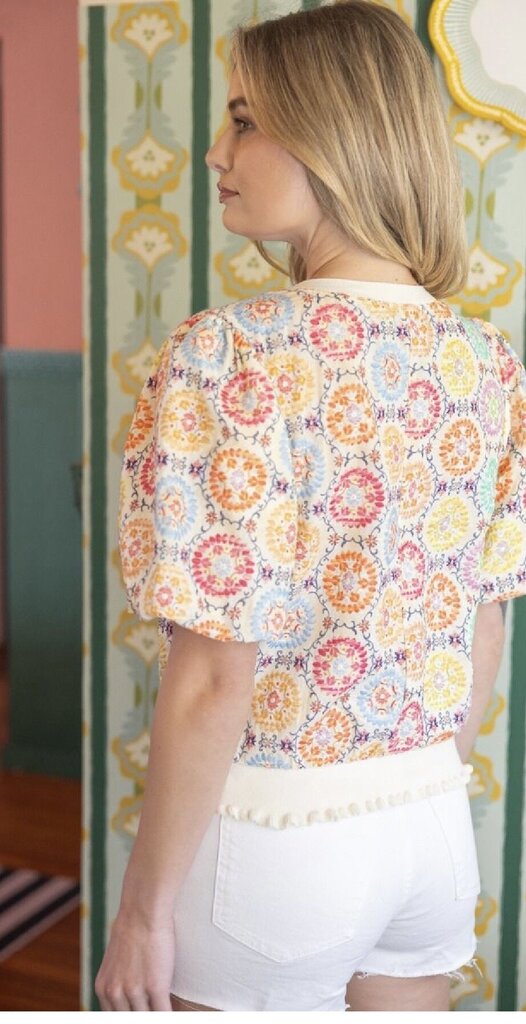 VOY Cream and Multi Embroidered Puff Short Sleeve Top