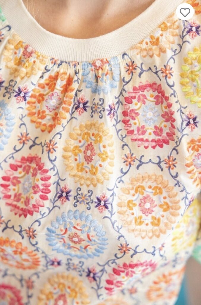 VOY Cream and Multi Embroidered Puff Short Sleeve Top