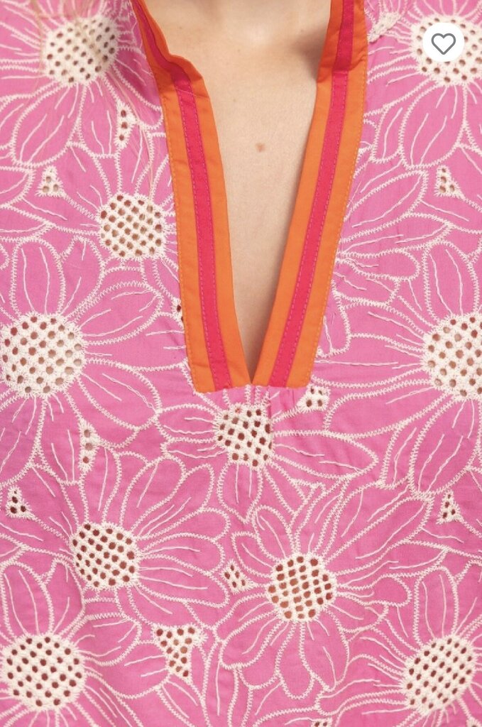 VOY Pink and Cream Embroidery Short Sleeve Top