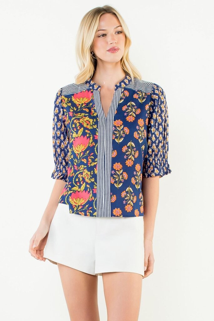 THML Navy with Stripes and Multi Floral Short Sleeve Top