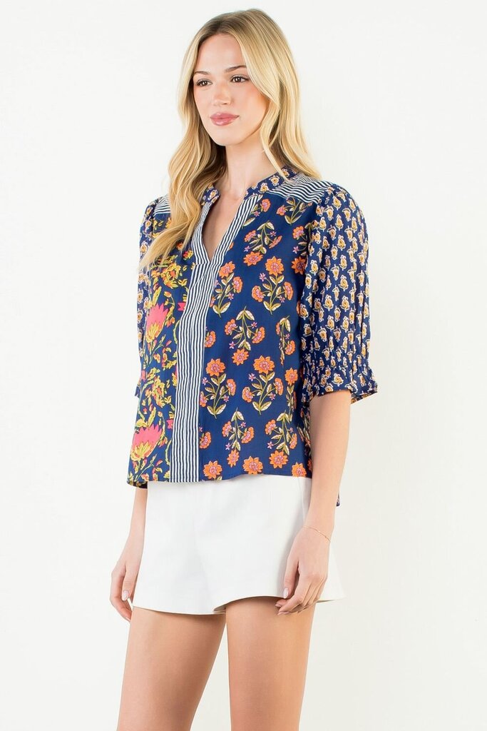 THML Navy with Stripes and Multi Floral Short Sleeve Top