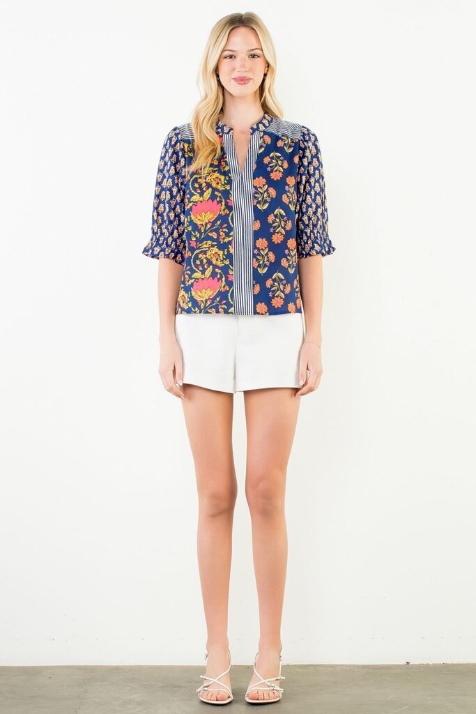 THML Navy with Stripes and Multi Floral Short Sleeve Top