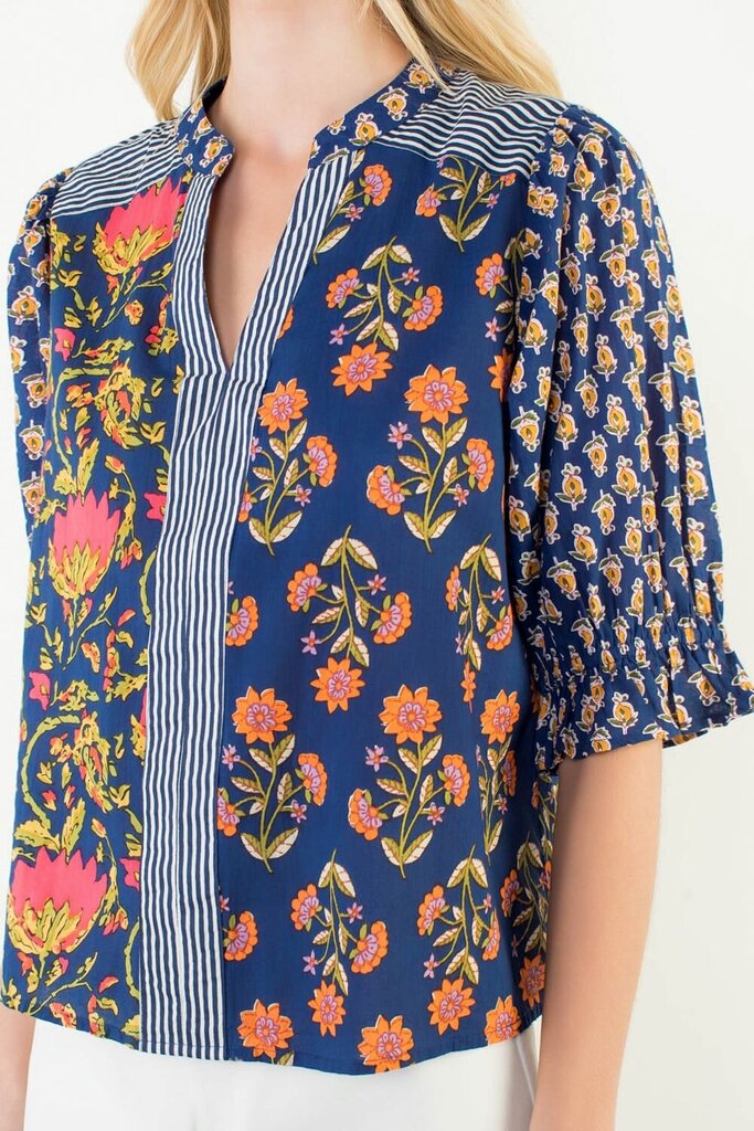 THML Navy with Stripes and Multi Floral Short Sleeve Top