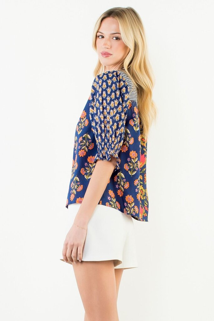 THML Navy with Stripes and Multi Floral Short Sleeve Top