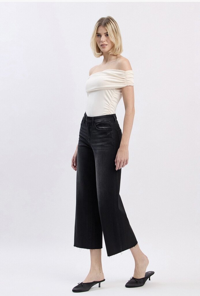 VERVET Black High Rise Raw Hem Crop Slim Wide Jeans