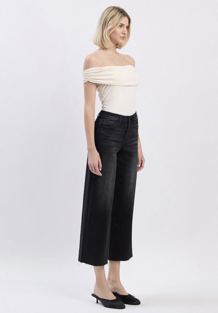 VERVET Black High Rise Raw Hem Crop Slim Wide Jeans