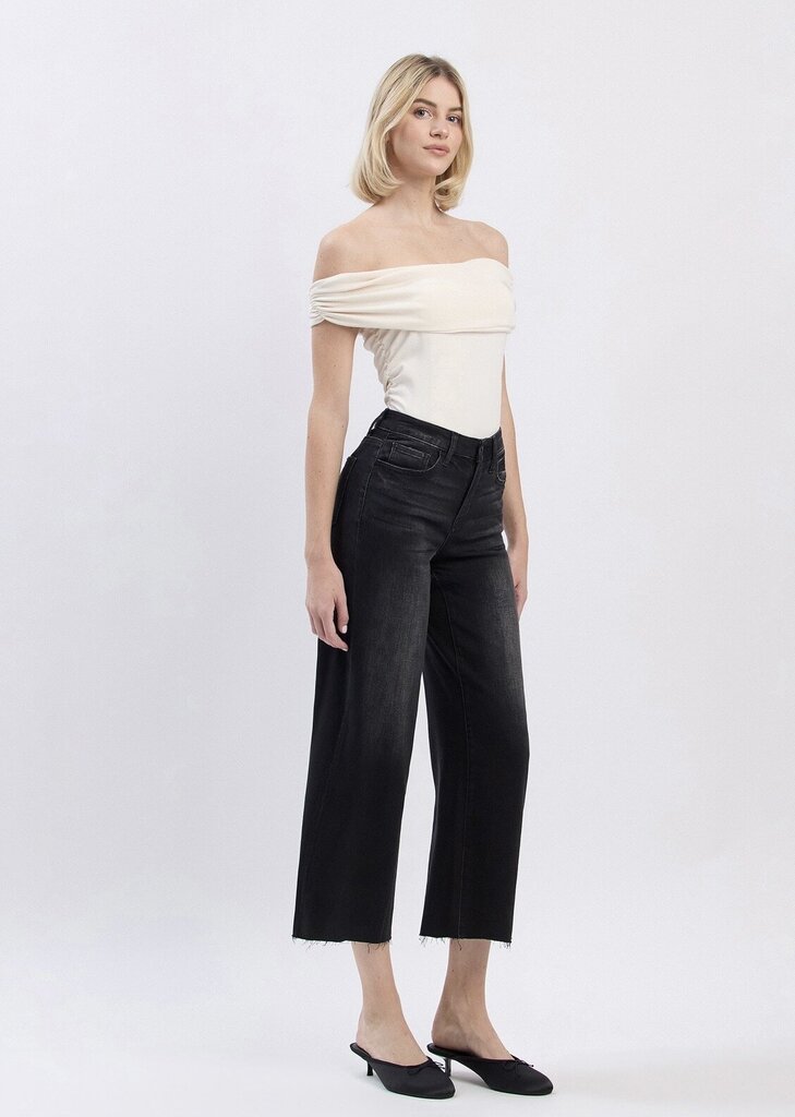 VERVET Black High Rise Raw Hem Crop Slim Wide Jeans
