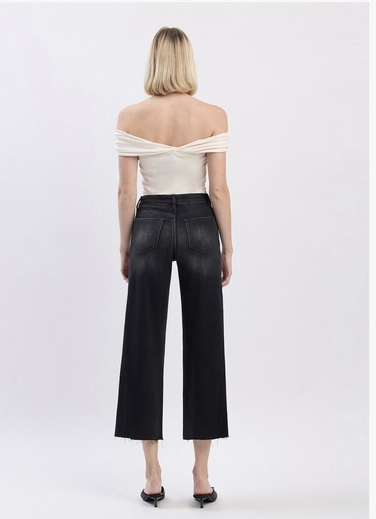 VERVET Black High Rise Raw Hem Crop Slim Wide Jeans