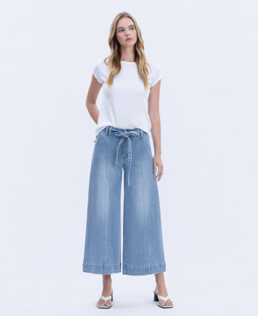 VERVET High Rise Tie Waist Crop Palazzo Jeans