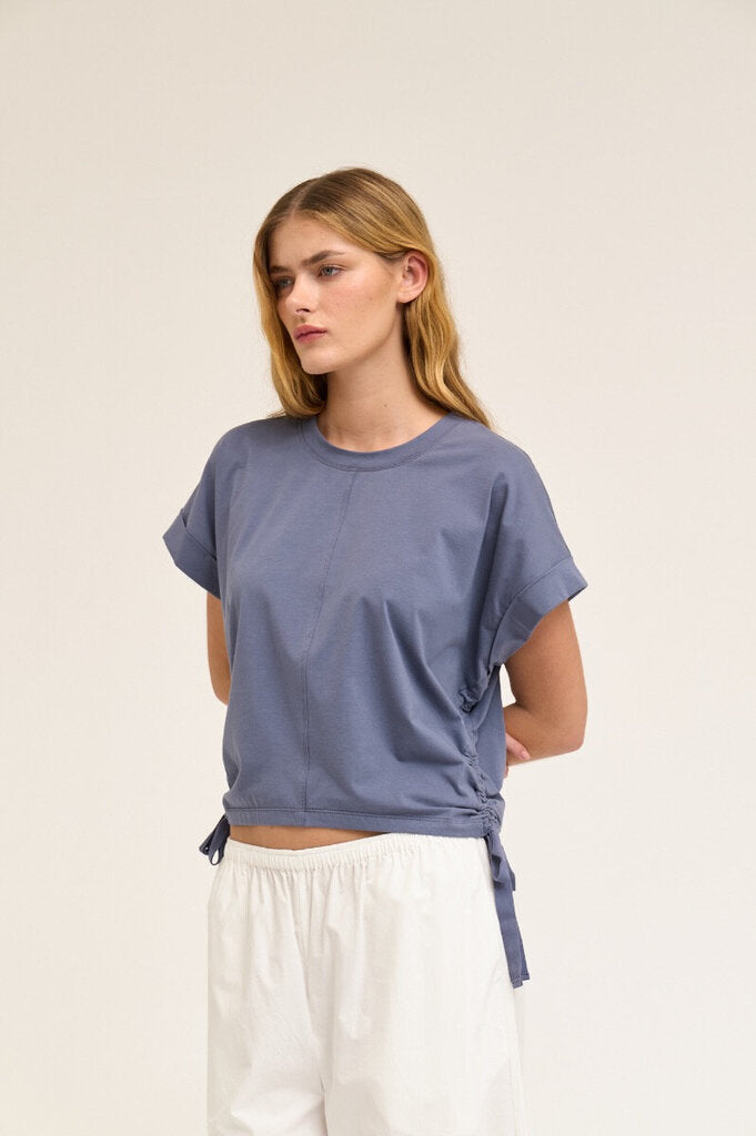GRADE & GATHER Faded Blue Scrunch Side Ties Short Sleeve Top