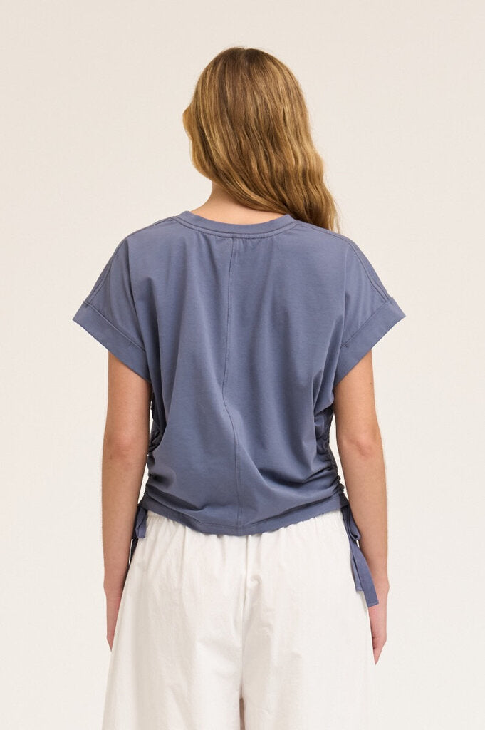 GRADE & GATHER Faded Blue Scrunch Side Ties Short Sleeve Top