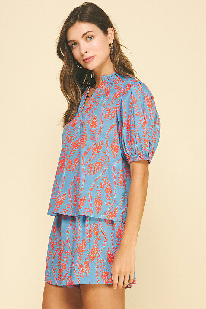 PINCH Blue Botanical Print Short Sleeve Top