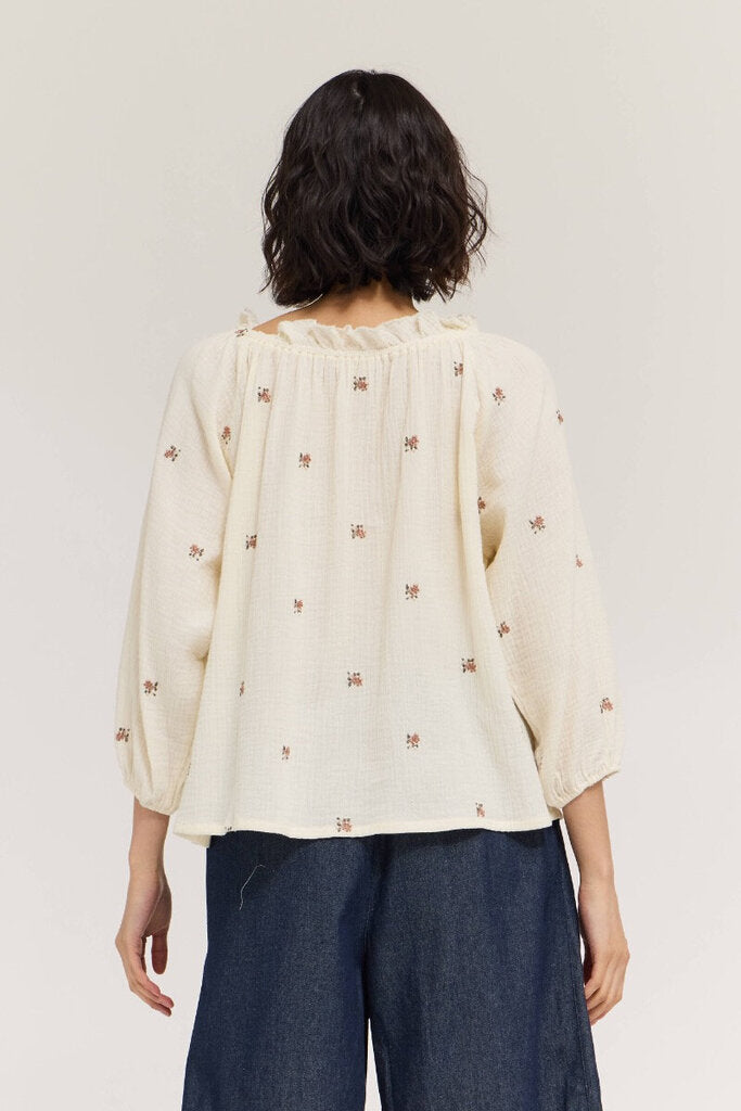 GRADE & GATHER Cream Long Sleeve Gauze with Floral Embroidery Top