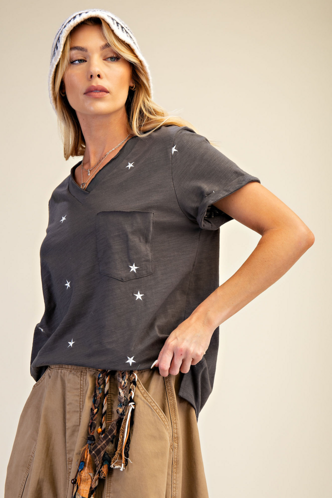 EASEL Ash Short Sleeve Cotton Deep V-neck with Embroidered Stars Top