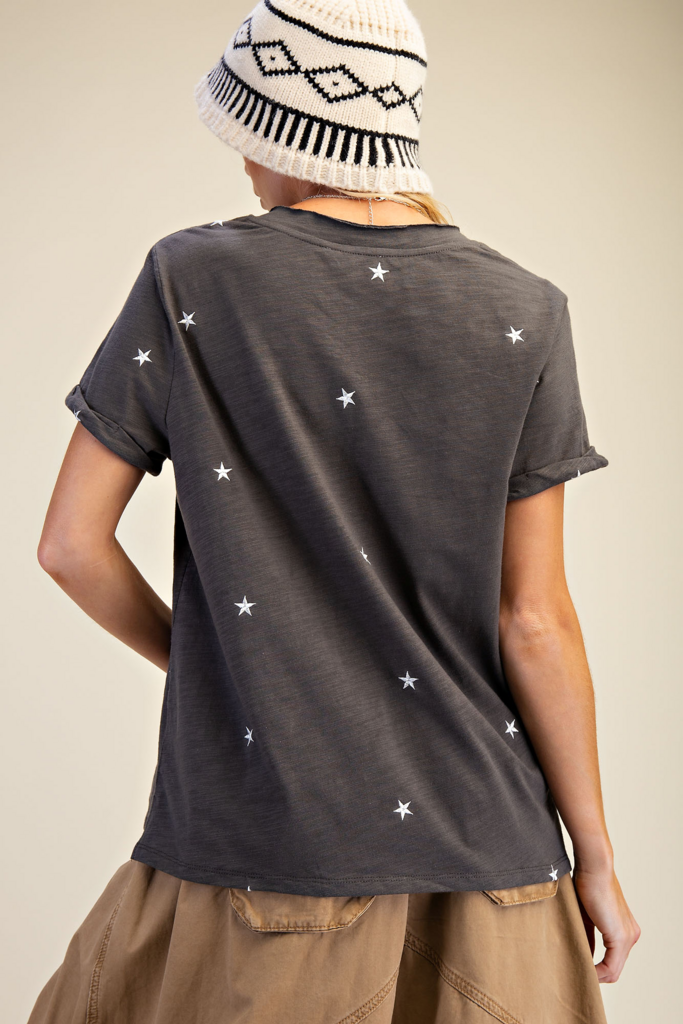 EASEL Ash Short Sleeve Cotton Deep V-neck with Embroidered Stars Top