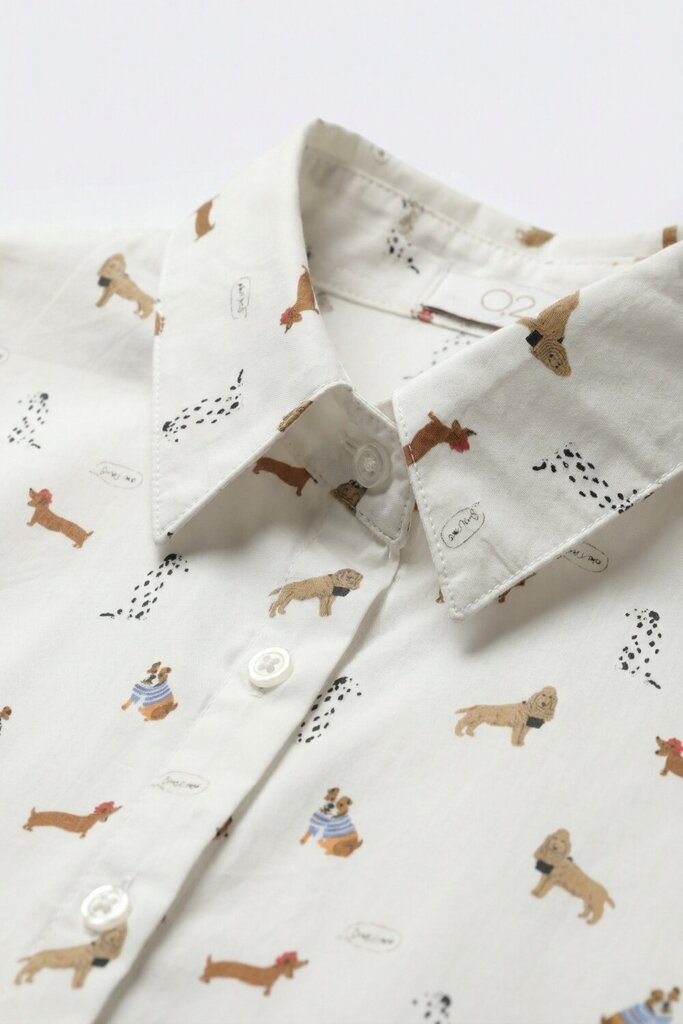 Q2 White Button-up Dog Print Long Sleeve Top