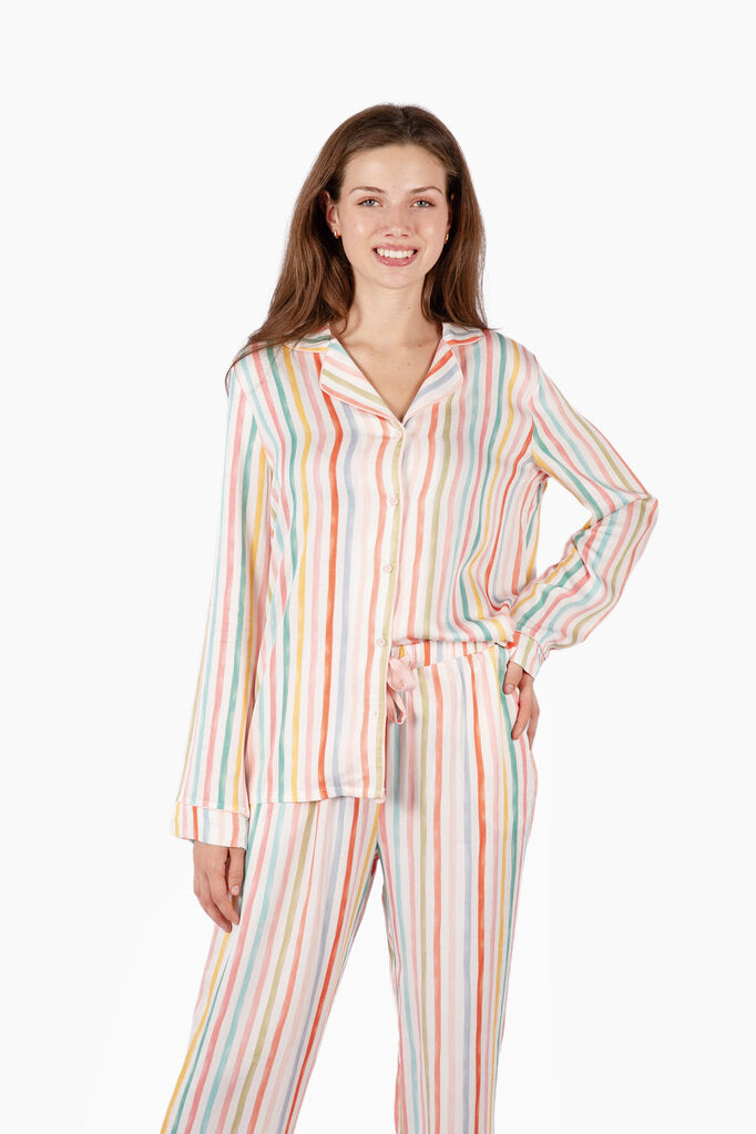 IMBALI Cream and Multi Stripe Long Sleeve Button-up Top and Pant Loungewear PJs