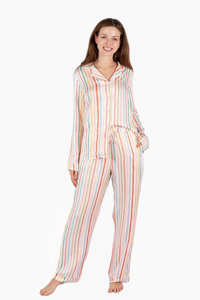 IMBALI Cream and Multi Stripe Long Sleeve Button-up Top and Pant Loungewear PJs