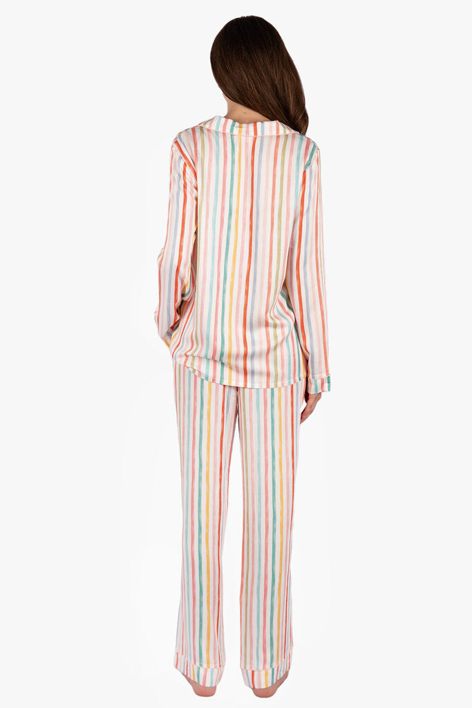 IMBALI Cream and Multi Stripe Long Sleeve Button-up Top and Pant Loungewear PJs