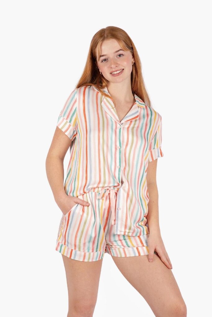 IMBALI Cream and Multi Stripe Short Sleeve Button-up Top and Short Loungewear PJs