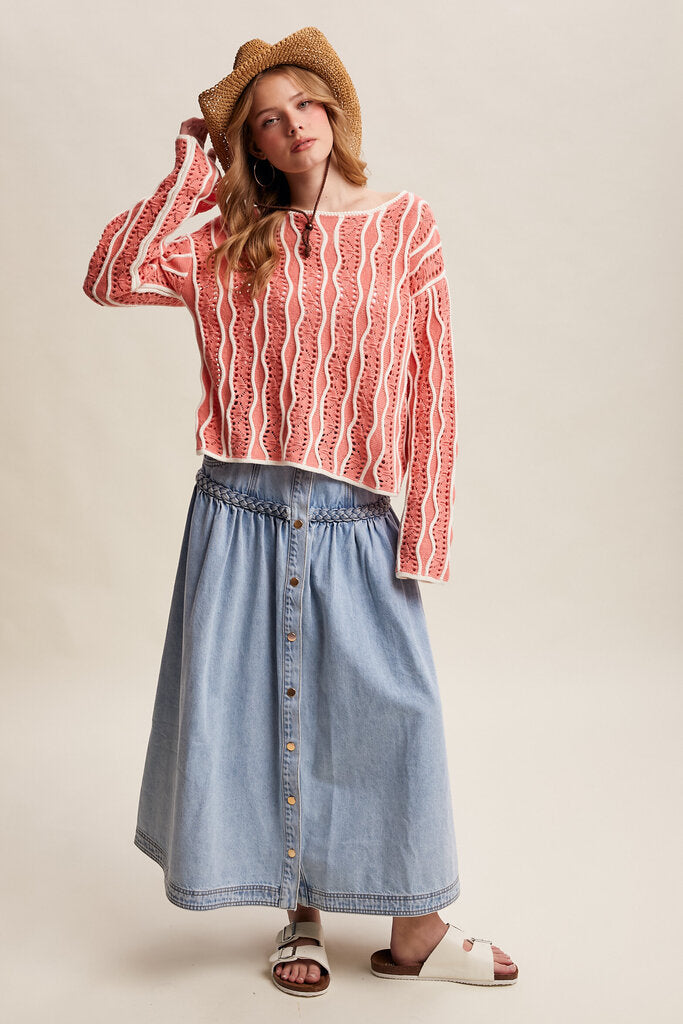 LISTICLE Coral and Cream Wave Long Sleeve Knit Sweater Top