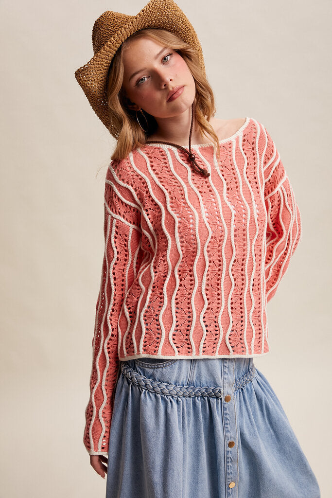 LISTICLE Coral and Cream Wave Long Sleeve Knit Sweater Top