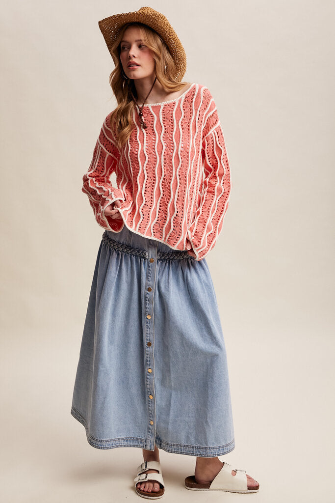 LISTICLE Coral and Cream Wave Long Sleeve Knit Sweater Top