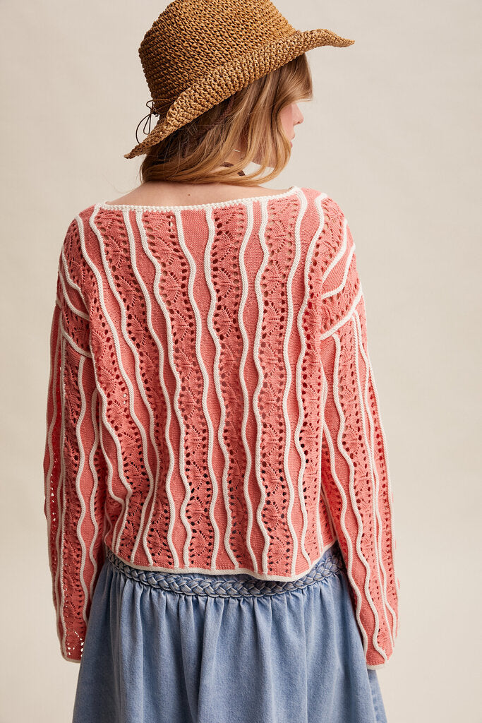 LISTICLE Coral and Cream Wave Long Sleeve Knit Sweater Top