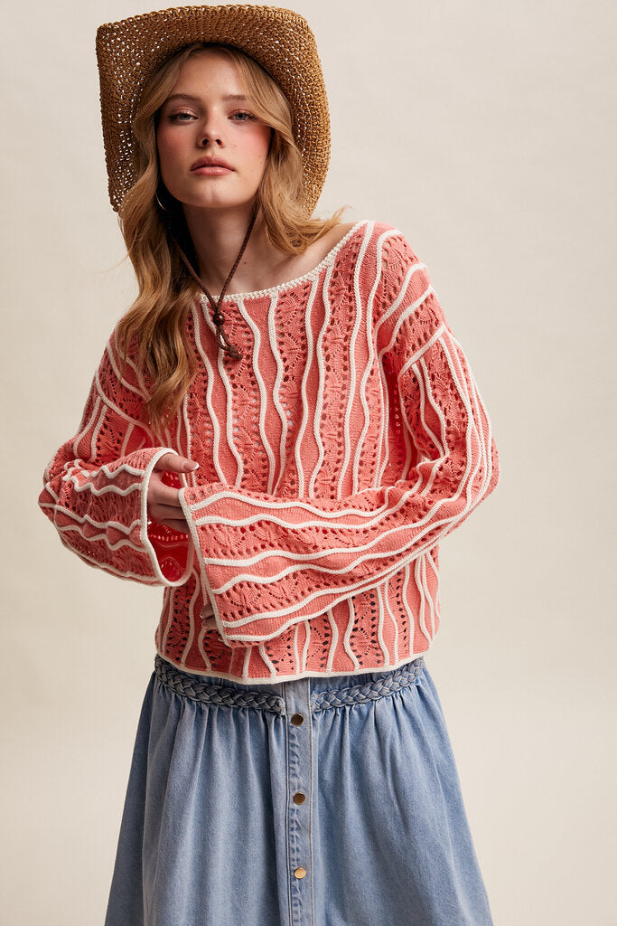 LISTICLE Coral and Cream Wave Long Sleeve Knit Sweater Top