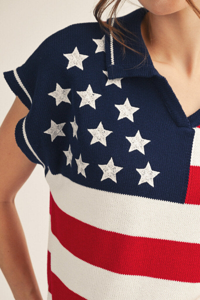 Jodifl American Flag Short Sleeve Cotton Sweater Top