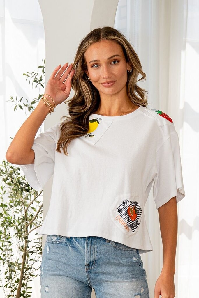 LIKE LOVE White Cotton Short Sleeve Embroidered Appliques Top