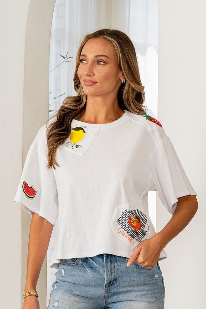 LIKE LOVE White Cotton Short Sleeve Embroidered Appliques Top
