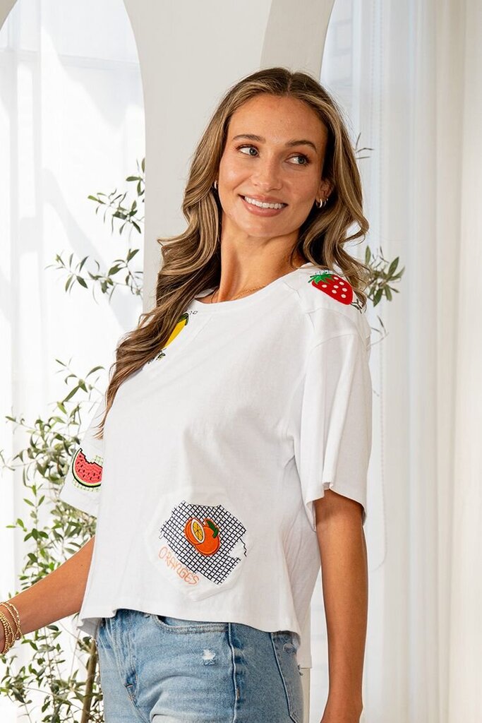 LIKE LOVE White Cotton Short Sleeve Embroidered Appliques Top