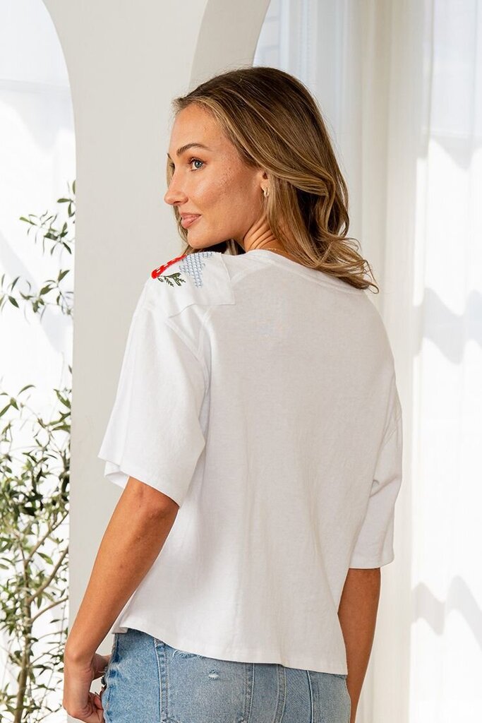 LIKE LOVE White Cotton Short Sleeve Embroidered Appliques Top
