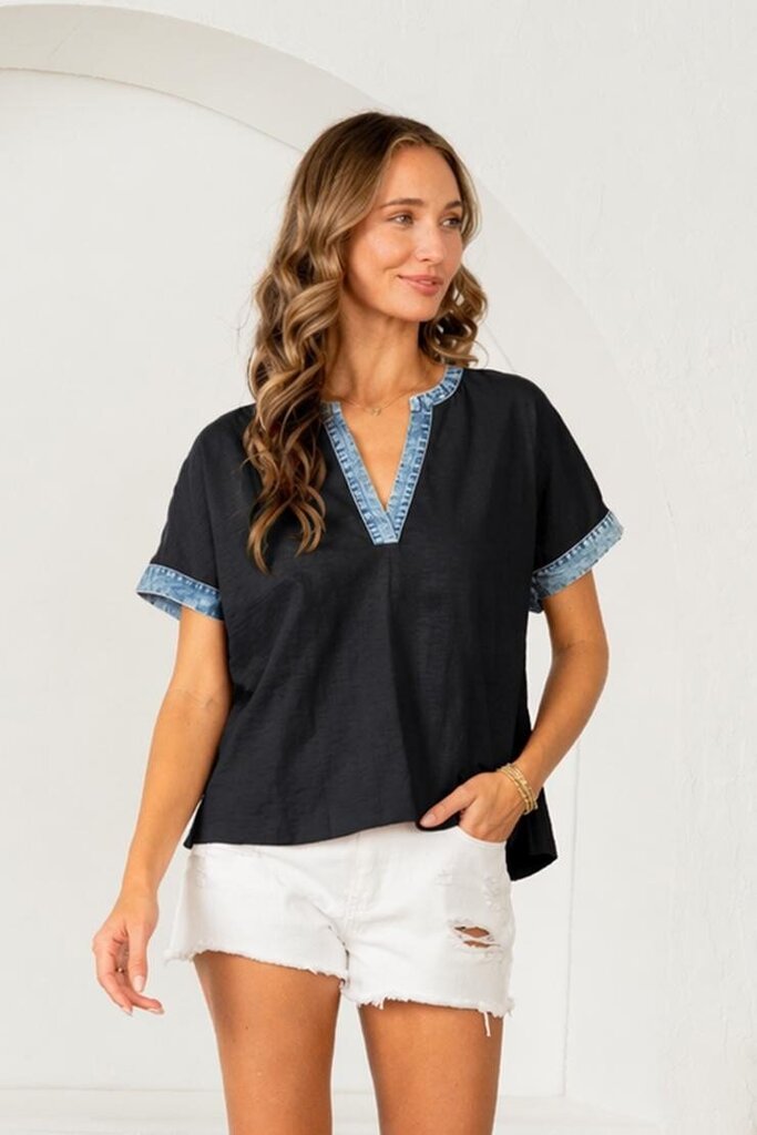 LIKE LOVE Black Short Sleeve V-neck Denim Trim Top
