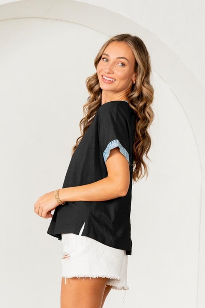 LIKE LOVE Black Short Sleeve V-neck Denim Trim Top