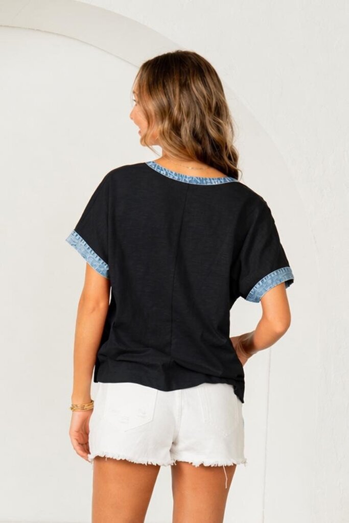 LIKE LOVE Black Short Sleeve V-neck Denim Trim Top