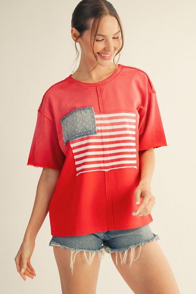 JODIFL Red Short Sleeve Patch Flag Top